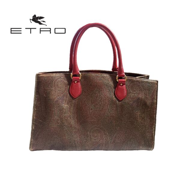 Etro (Authentic) Paisley Print Coated Canvas & Coral Pink Leather Large Bag VGUC - Picture 1 of 12